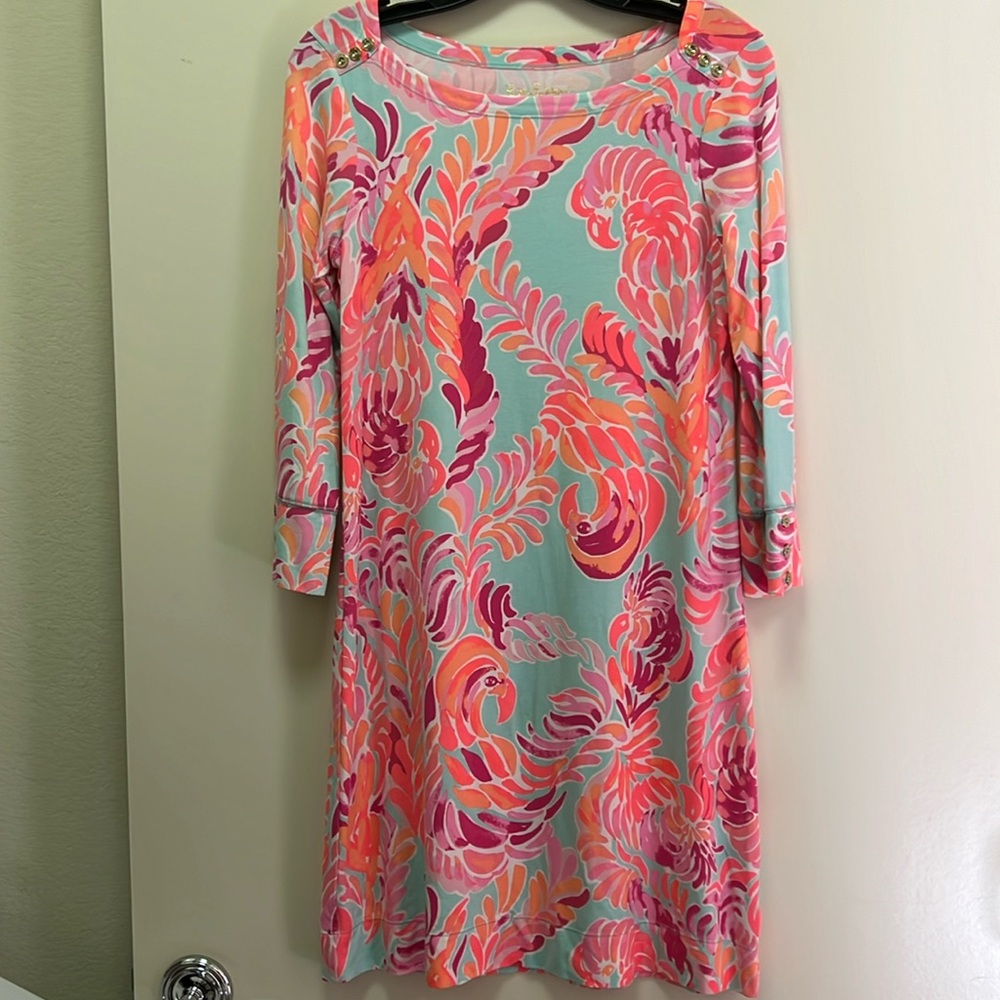 Lilly Pulitzer Love Birds Tropical Print Fit and Flare3/4 Sleeve Dress Sz S